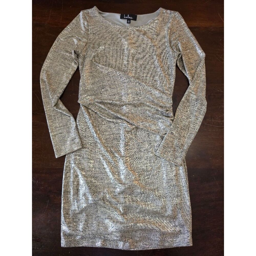 Small metallic gold long-sleeve bodycon mini dress from Lulus